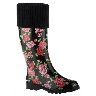 Women’s rainboots with roses print design and fabric cuffs