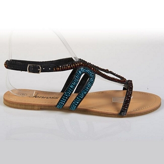 Women’s slingback T-strap thong sandals with multi colored stones decoration