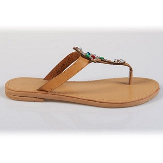 Women’s leather slide T-strap thong sandals with a stone-decorated seahorse detail