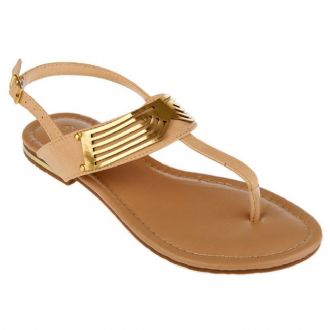 Women’s leather slingback T-strap thong sandals with gold detail