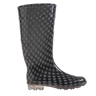 Womens knee-high polka dot rain boots with a stocking-like effect and transparent tractor sole 