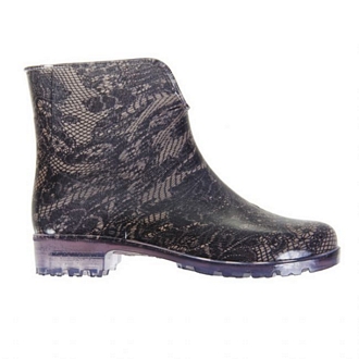 Womens ankle rain boots, with knitted-lace effect and transparent tractor sole