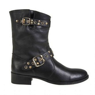 Mitsuko womens short boots with side zipper and two wide buckled and studded wrap-around straps - Mitsuko