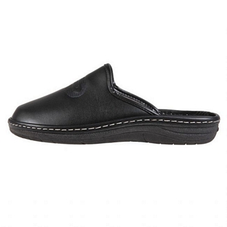 Mens slip-on slippers with an appliqued logo on the vamp and stitched welt