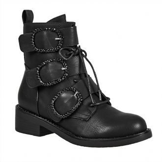Women ankle combat boots with three buckles and strasses
