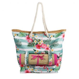 Τσάντα θαλάσσης floral με ψάθα  - Mitsuko