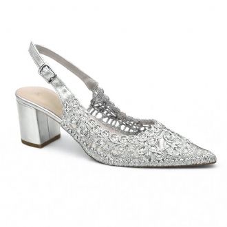 Γόβα με διάφανη πλέξη και χοντρό τακούνι - Ασημί