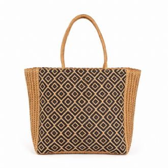 Τσάντα θαλάσσης ψάθα με ρόμβους - Κάμελ - Mitsuko