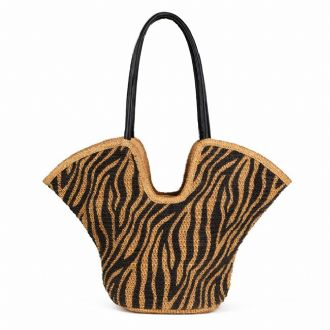 Τσάντα θαλάσσης ψάθα ζέβρα - Κάμελ - Mitsuko